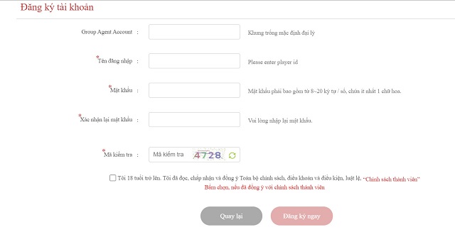 Biểu mẫu Đăng ký tài khoản thành viên