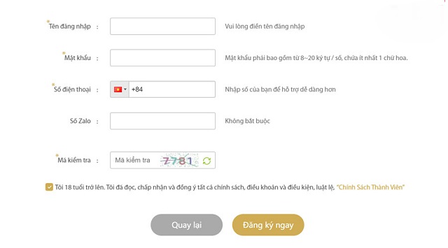 Biểu mẫu đăng ký tài khoản cá cược