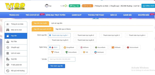 Người chơi chọn phương thức nạp tiền phù hợp